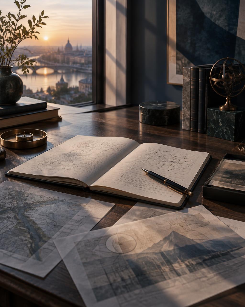 Escritorio junto a una ventana con una libreta abierta y notas de trabajo